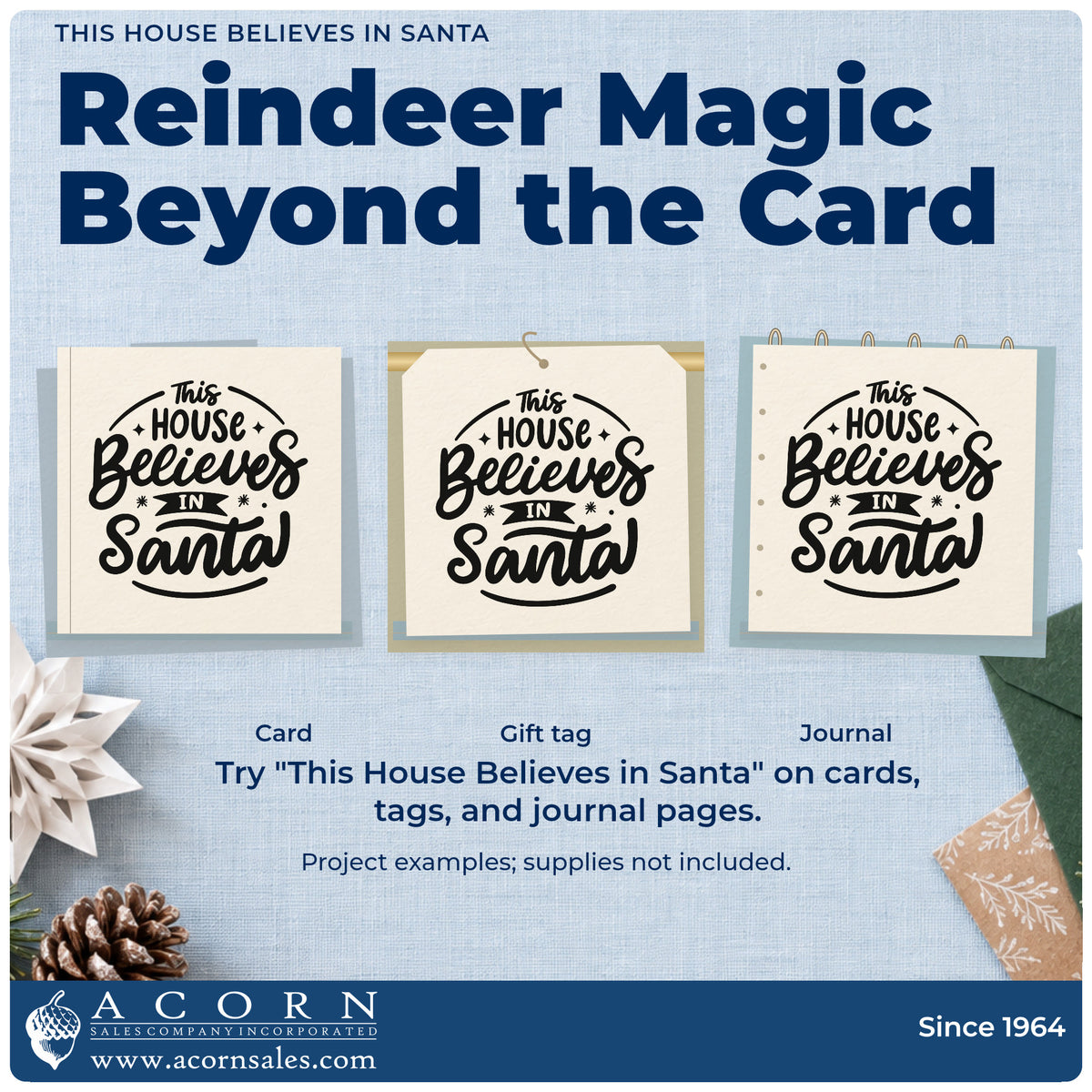 Three project examples made with the This House Believes In Santa With Stars Slim Pre-Inked Stamp, including reindeer feed labels.