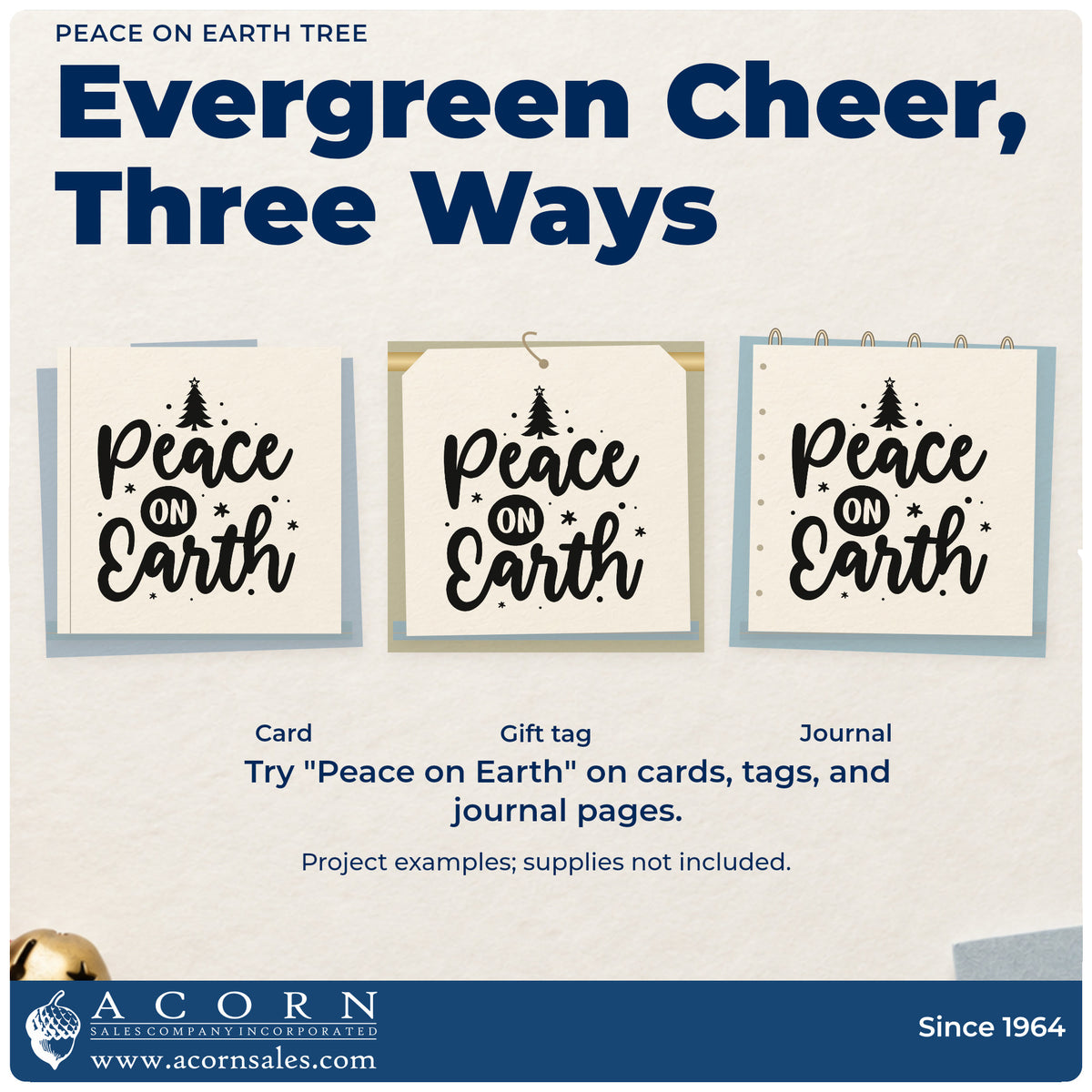 Three project examples made with the Peace On Earth Tree Wood Handle Stamp, including food bank labels.