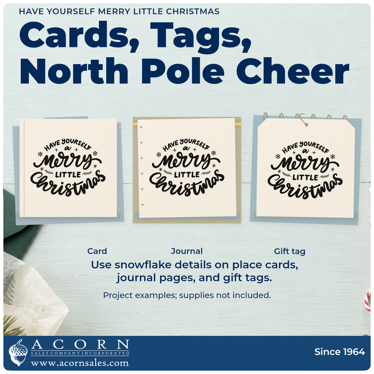 Three project examples made with the Have Yourself Merry Little Christmas PSI Pre-Inked Stamp, including vinyl crate labels.