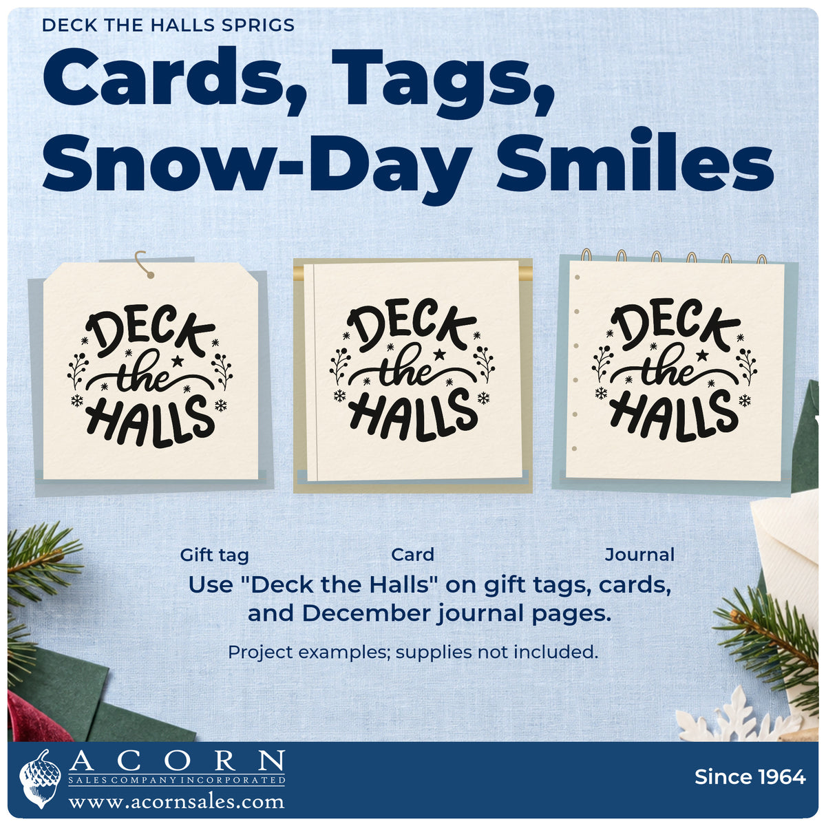 Three project examples made with the Deck The Halls Sprigs Stamp – Duo Hand, including bauble crate labels.