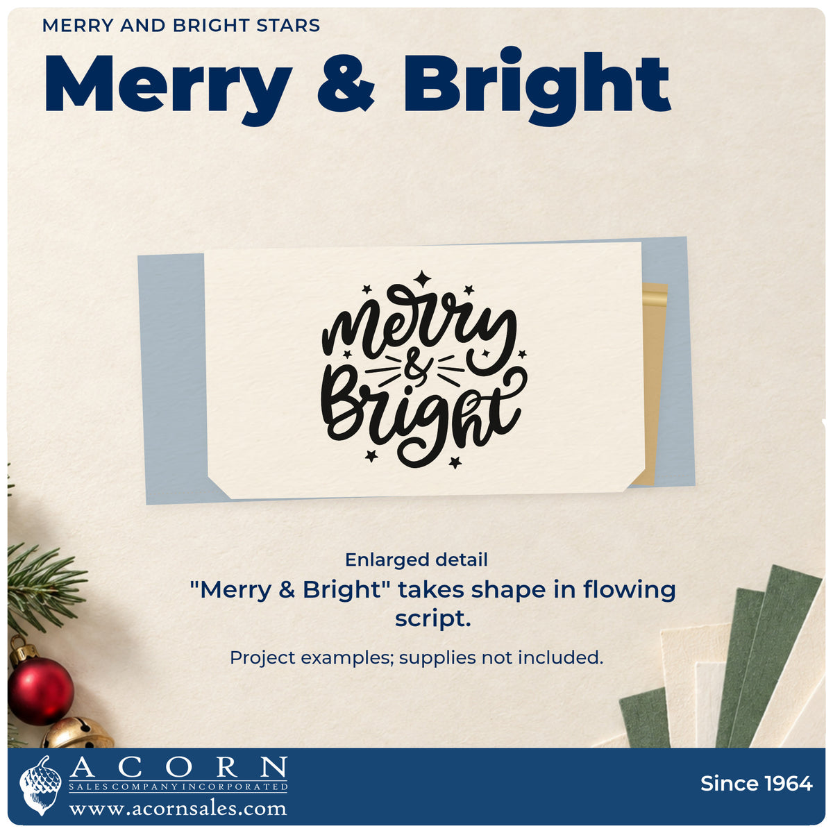 Enlarged detail of the Wood Handle Merry & Bright Rubber Stamp imprint. “Merry & Bright” appears in thick flowing script with stars and radiating strokes.