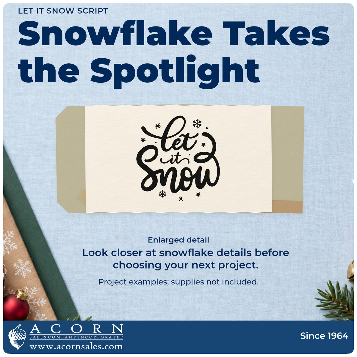 Enlarged detail of the Let It Snow Script Self-Inking Stamp imprint. “Let It Snow” appears in large looping script surrounded by snowflakes and stars.