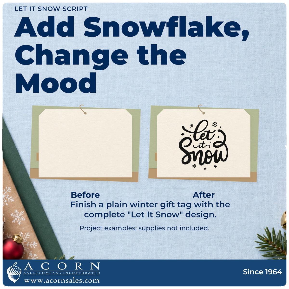 Before and after of a plain item finished with the Let It Snow Script Self-Inking Stamp, a quick upgrade for sledge bag seals.