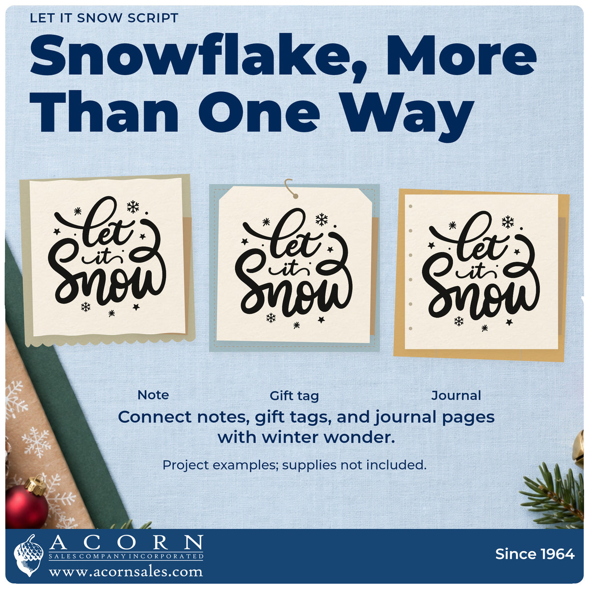 Three project examples made with the Let It Snow Script Self-Inking Stamp, including hot drink labels.