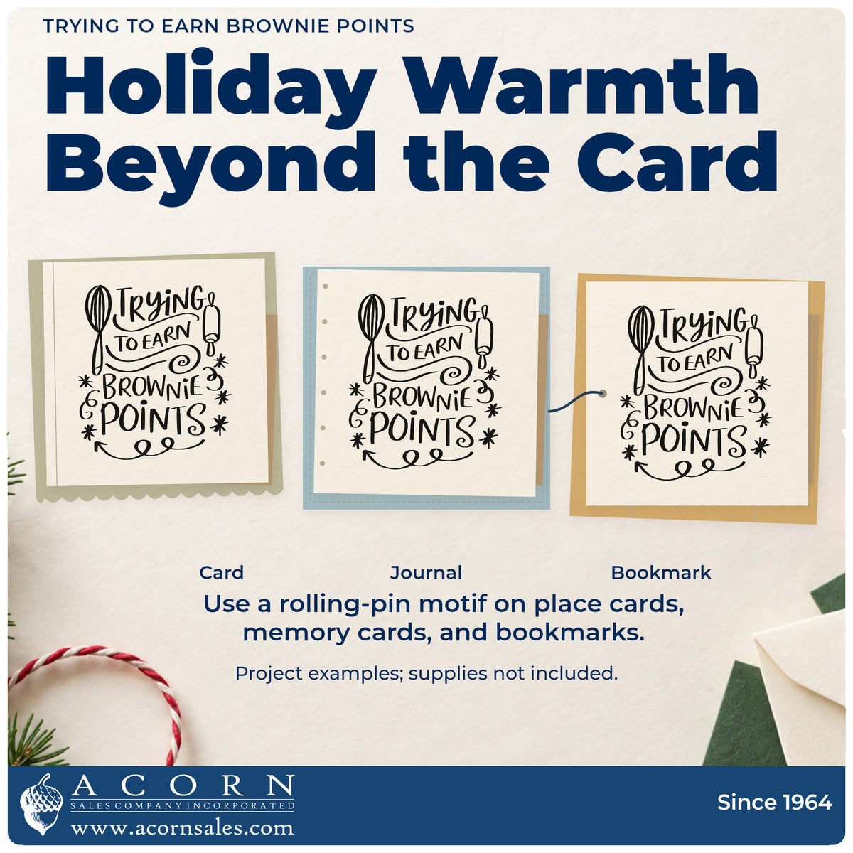 Three project examples made with the Trying To Earn Brownie Points Whisk Stamp – Self-Inking, including baking tin labels.