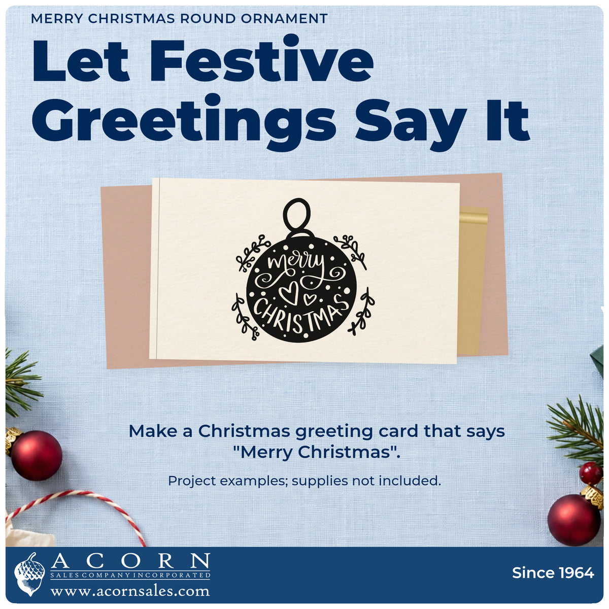 A finished handmade project stamped with the Merry Christmas Round Ornament Slim Pre-Inked Stamp, ideal for ornament gift tags.