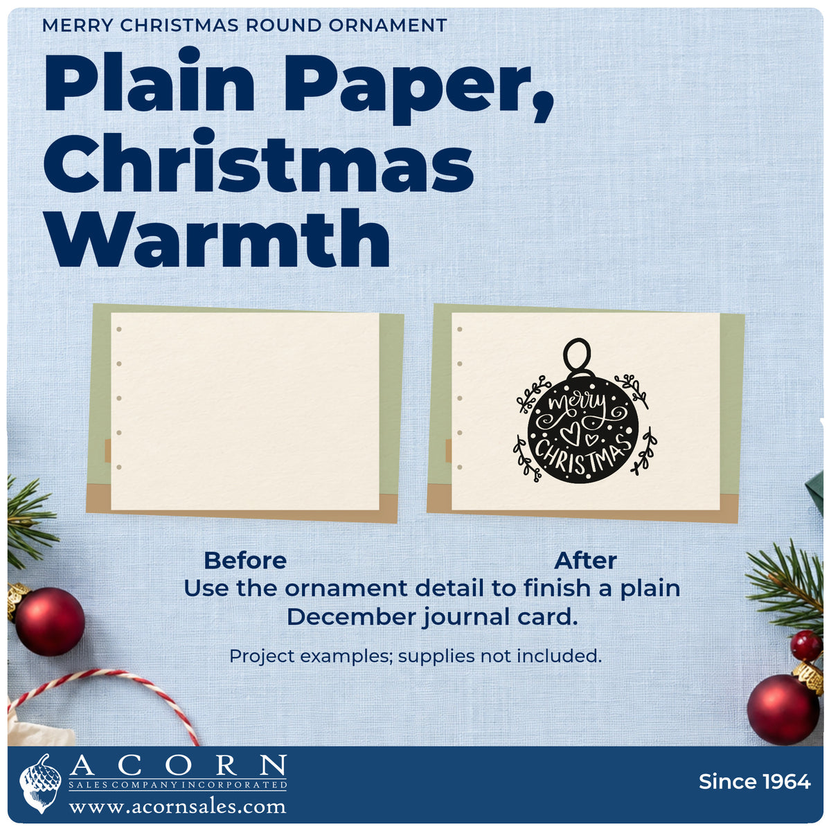 Before and after of a plain item finished with the Merry Christmas Round Ornament Premium Wood-Mounted Stamp – Vintage Pro, a quick upgrade for tissue wrap seals.