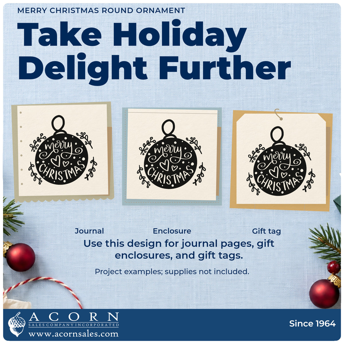 Three project examples made with the Merry Christmas Round Ornament Premium Wood-Mounted Stamp – Vintage Pro, including bauble box labels.