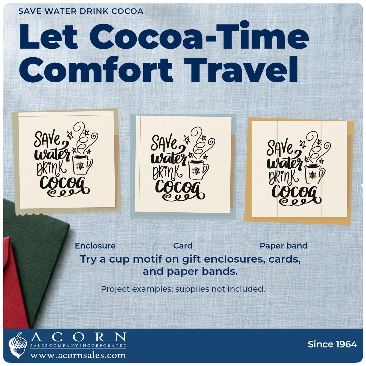 Three project examples made with the Save Water Drink Cocoa Self-Inking Stamp, including marshmallow labels.