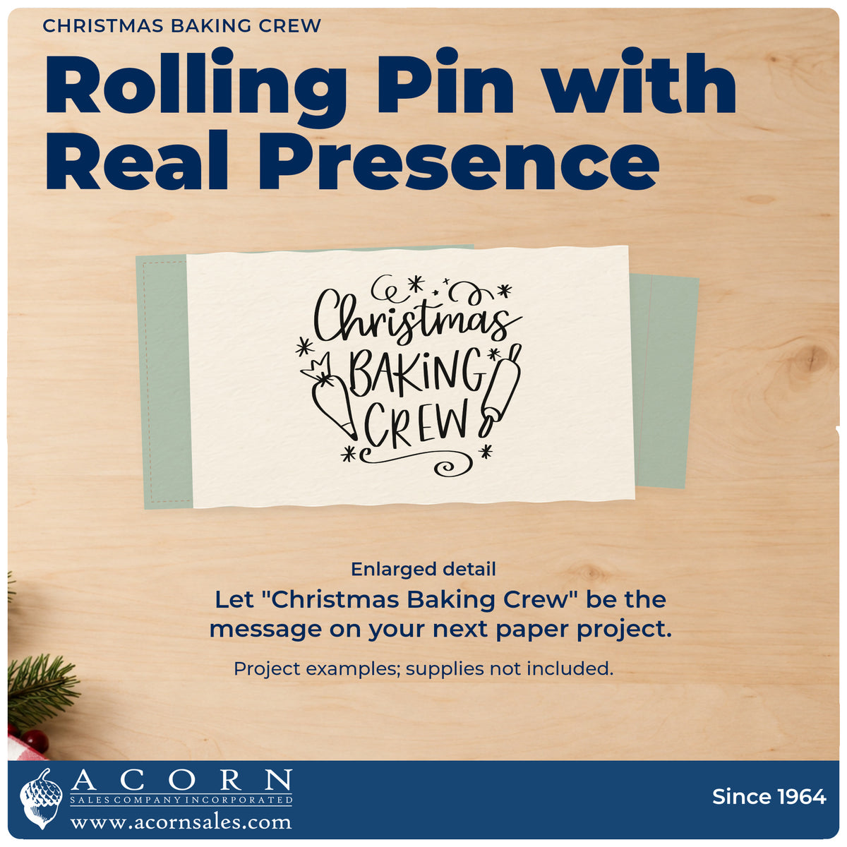 Enlarged detail of the PSI Pre-Inked Christmas Baking Crew Rolling Pin Stamp imprint. “Christmas Baking Crew” is surrounded by a piping bag, rolling pin, stars, and curls.