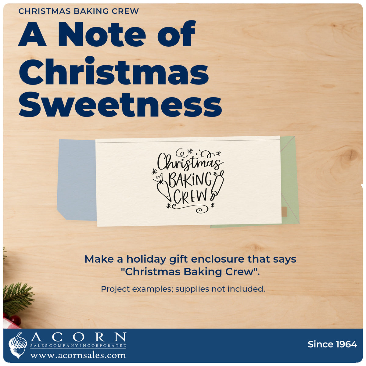 A finished handmade project stamped with the Christmas Baking Crew Rolling Pin Rubber Stamp – Wood Handle, ideal for crew apron tags.