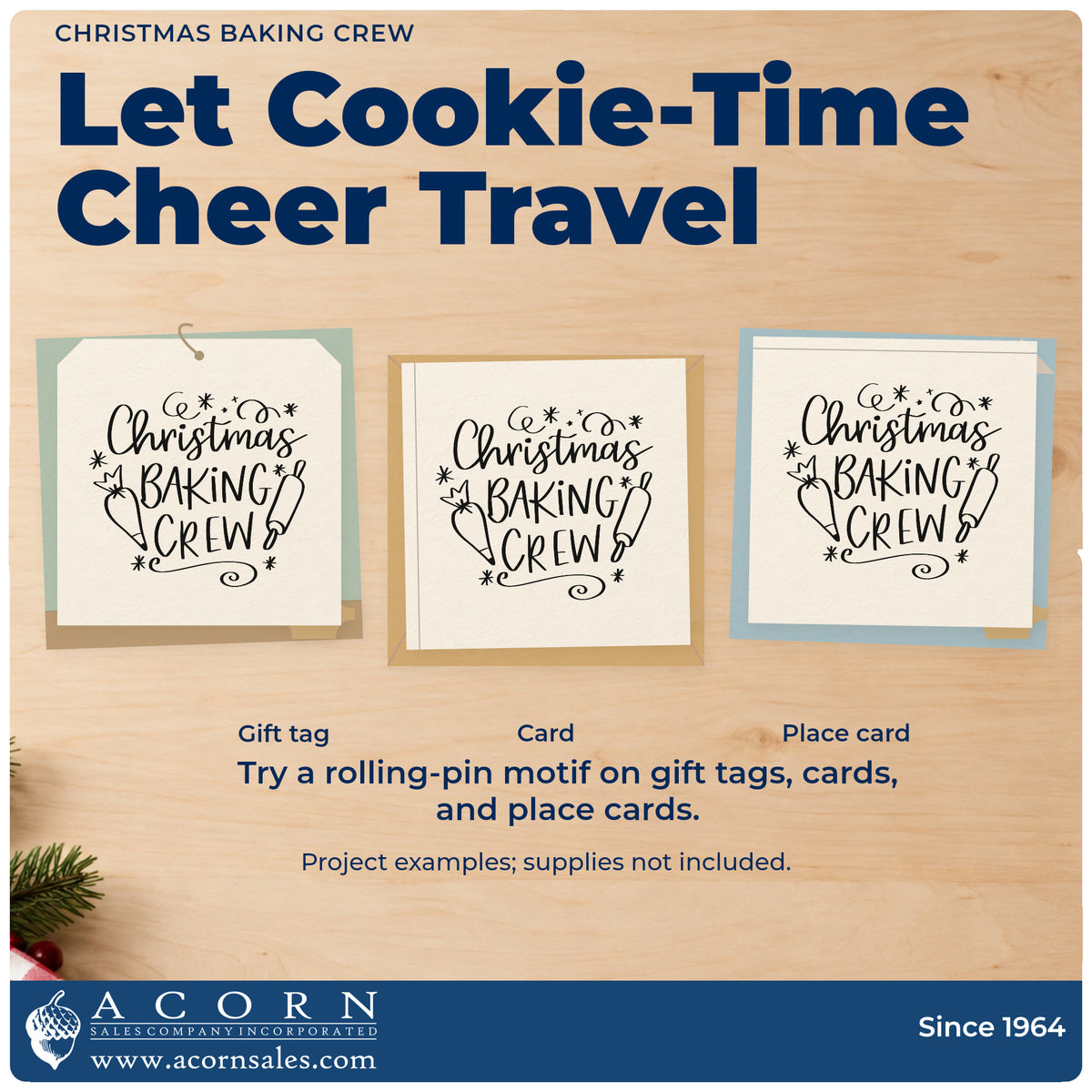 Three project examples made with the Christmas Baking Crew Rolling Pin Slim Pre-Inked Stamp, including icing pot labels.