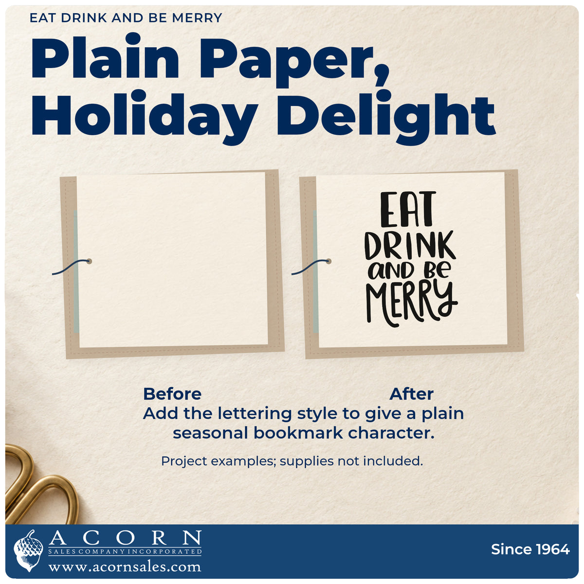 Before and after of a plain item finished with the Vintage Pro Eat Drink And Be Merry Premium Wooden Stamp, a quick upgrade for napkin band seals.