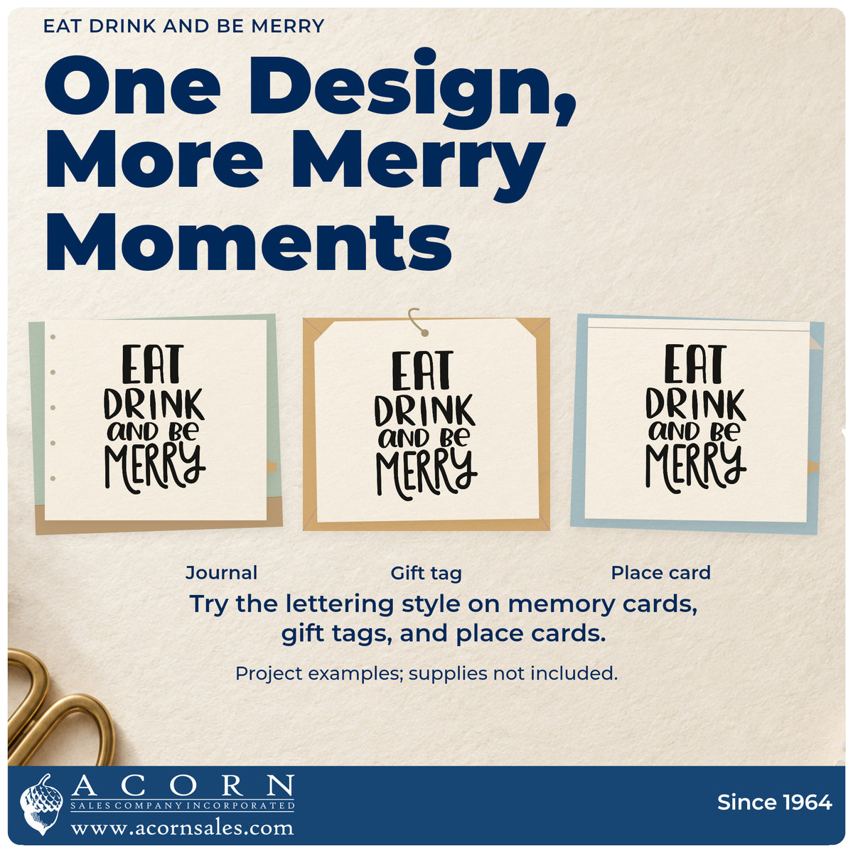 Three project examples made with the Eat Drink And Be Merry Wood Handle Stamp, including decanter neck labels.