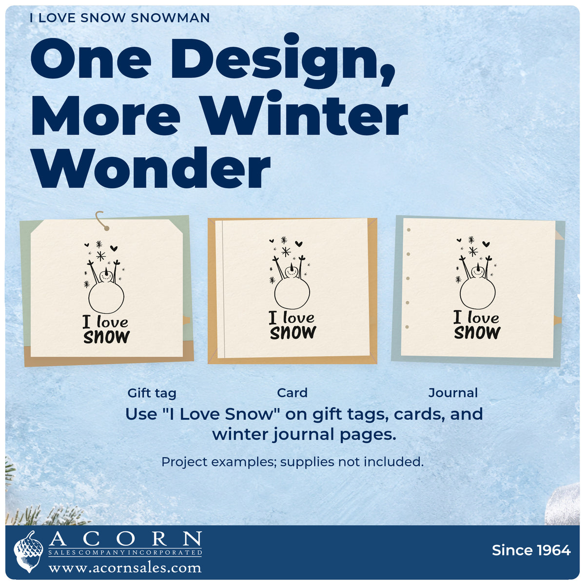Three project examples made with the I Love Snow Snowman With Hearts Self-Inking Stamp, including carrot pack labels.