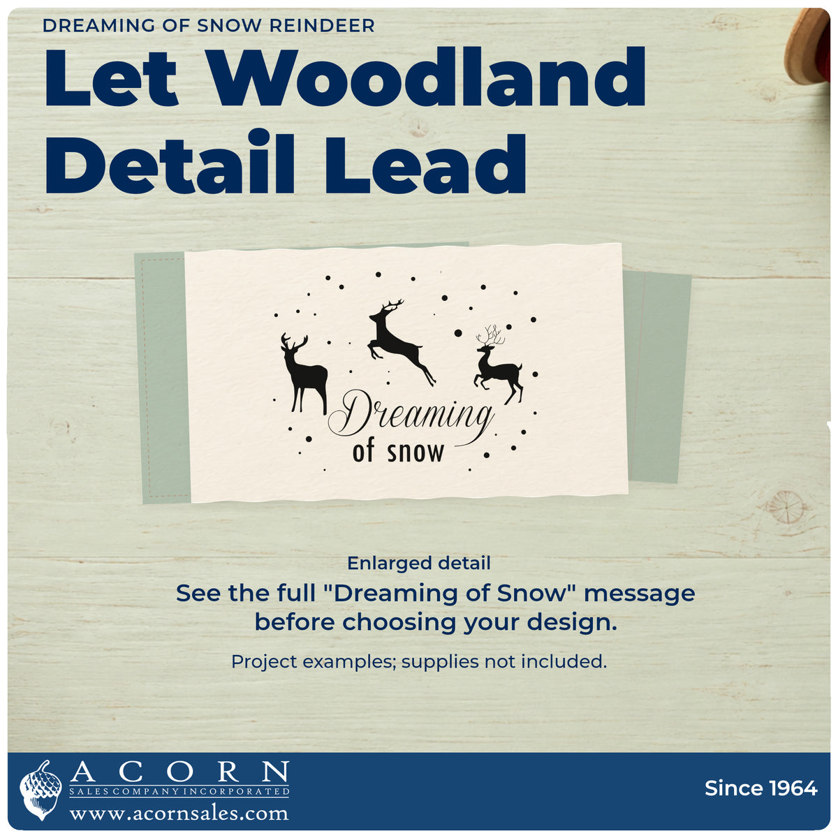 Enlarged detail of the Snow Dreams With Reindeer Pre-Inked Stamp – PSI imprint. Three reindeer silhouettes leap and stand above “Dreaming of Snow” amid scattered dots.