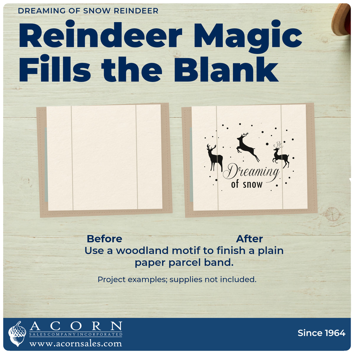 Before and after of a plain item finished with the Self-Inking Snow Dreams With Reindeer Stamp, a quick upgrade for trail map seals.