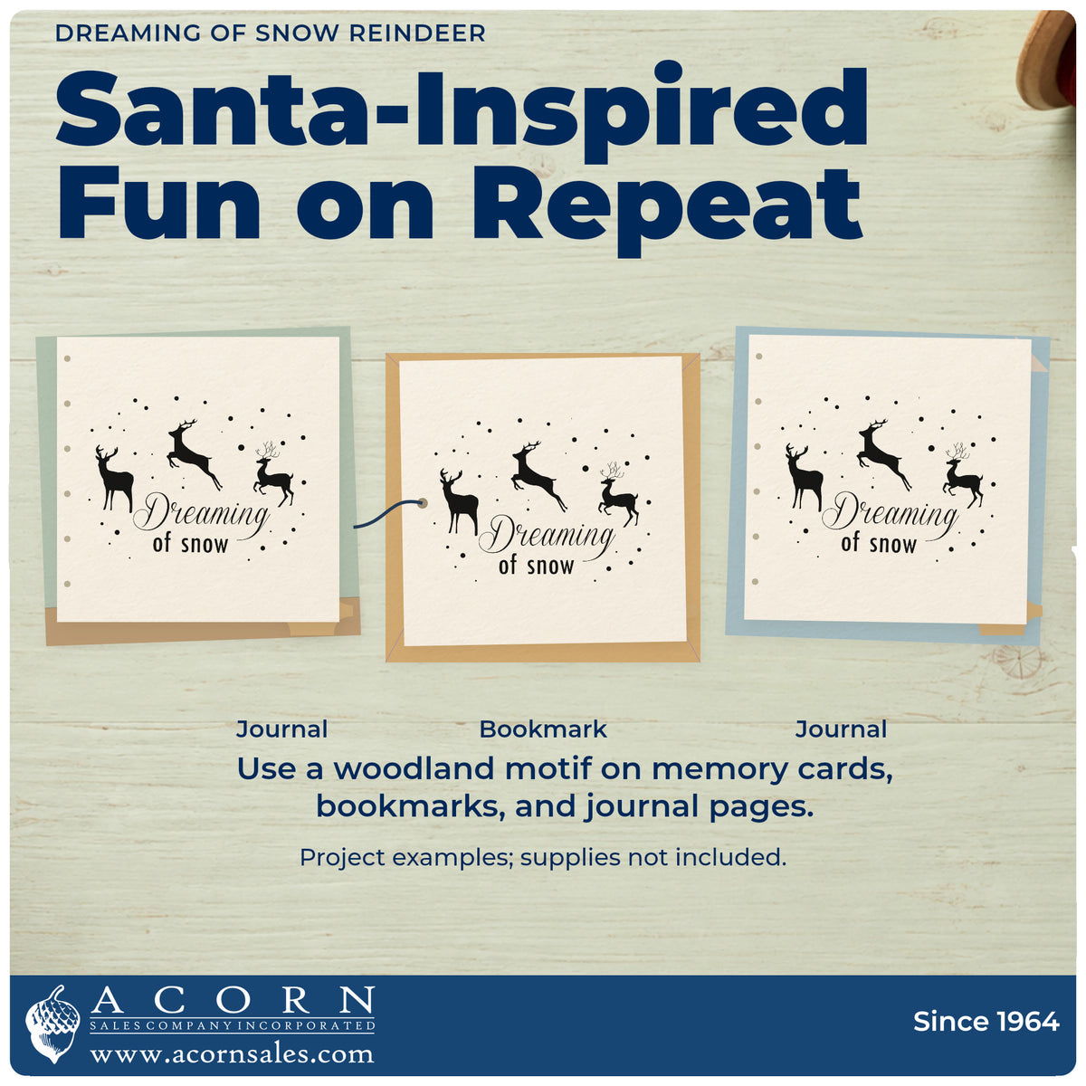 Three project examples made with the Snow Dreams With Reindeer Rubber Stamp – Wood Handle, including feed sack labels.