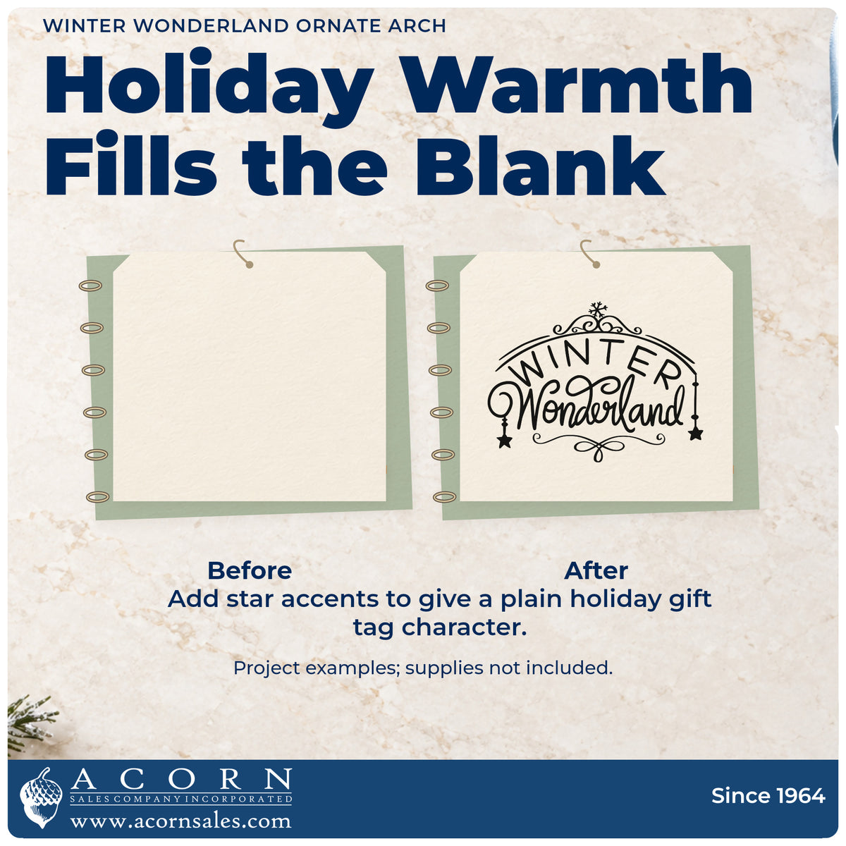 Before and after of a plain item finished with the Winter Wonderland Ornate Arch Premium Wood-Mounted Stamp – Vintage Pro, a quick upgrade for wristband seals.