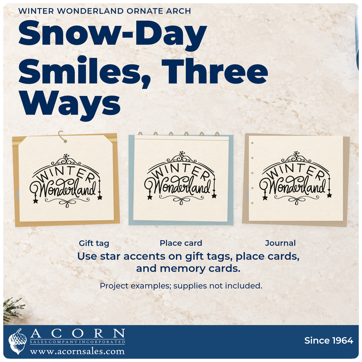 Three project examples made with the Winter Wonderland Ornate Arch Premium Wood-Mounted Stamp – Vintage Pro, including prop crate labels.