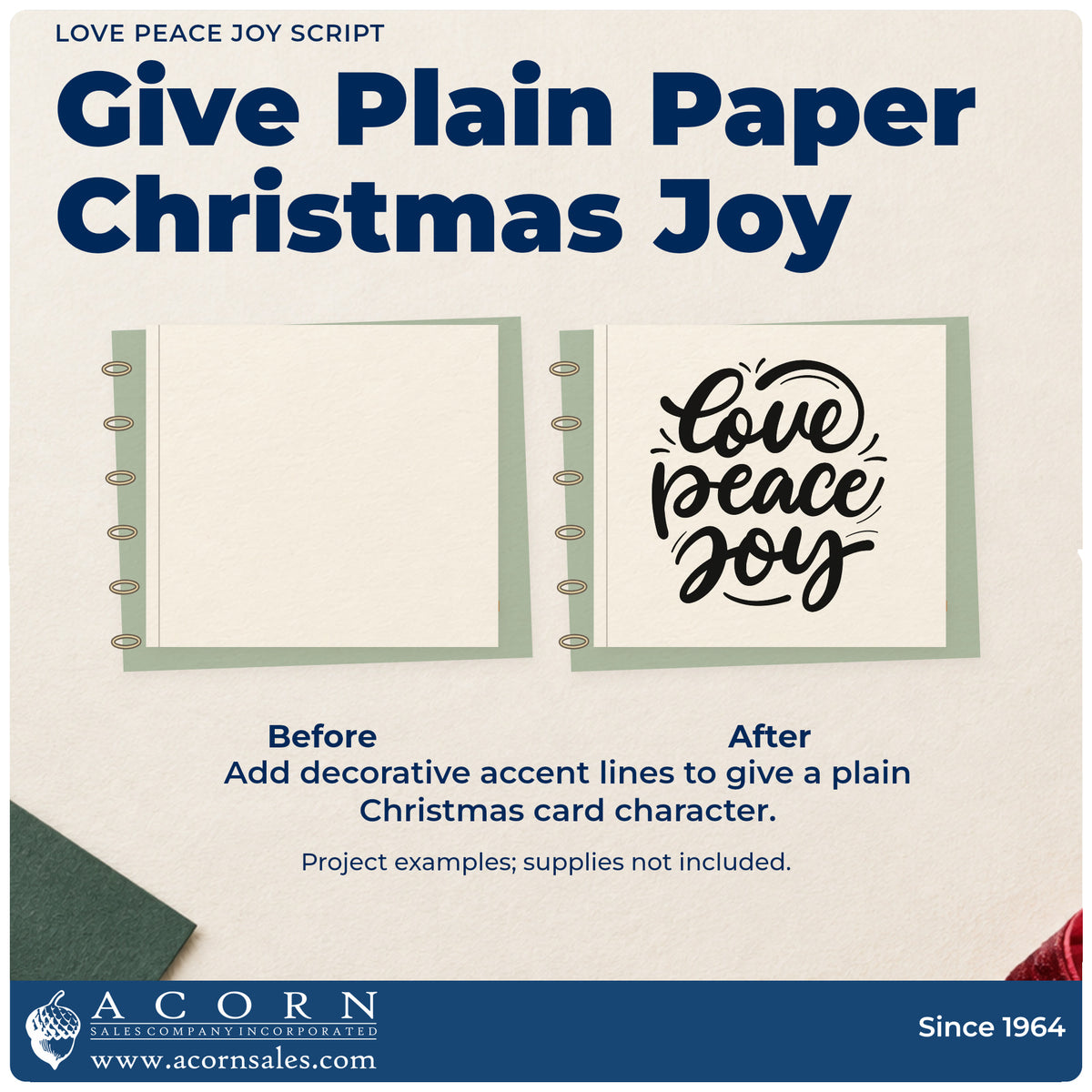 Before and after of a plain item finished with the Premium Wooden Love Peace Joy Stamp – Vintage Pro, a quick upgrade for wreath box seals.