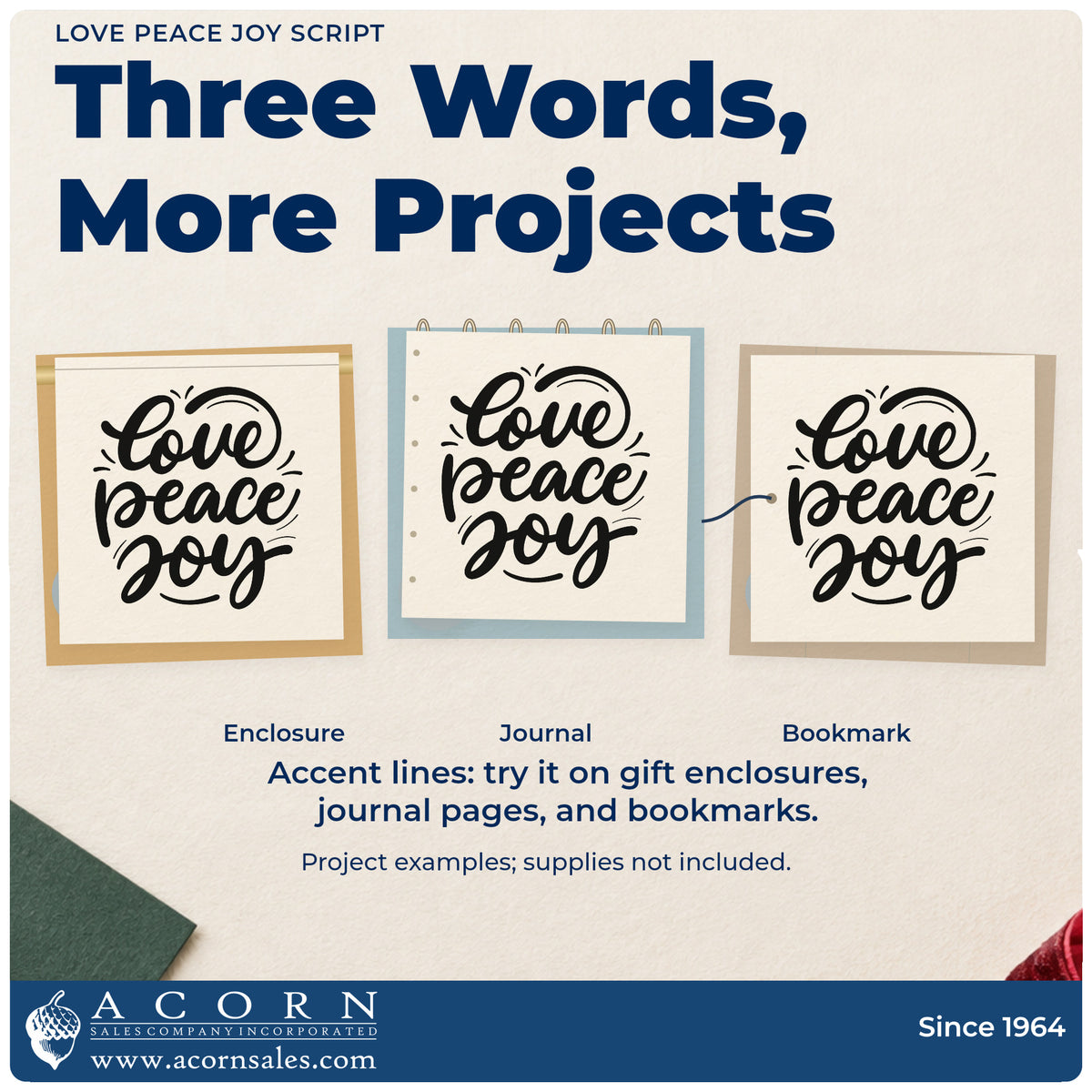 Three project examples made with the Love Peace Joy Hand Stamp – Duo, including candle ring labels.