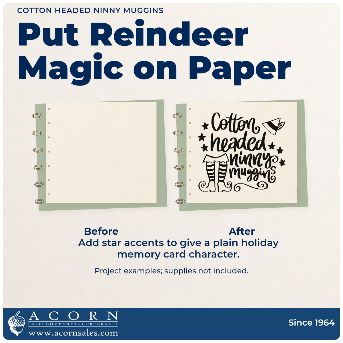 Before and after of a plain item finished with the Cotton Headed Ninny Muggins Premium Wooden Stamp – Vintage Pro, a quick upgrade for snack bag seals.