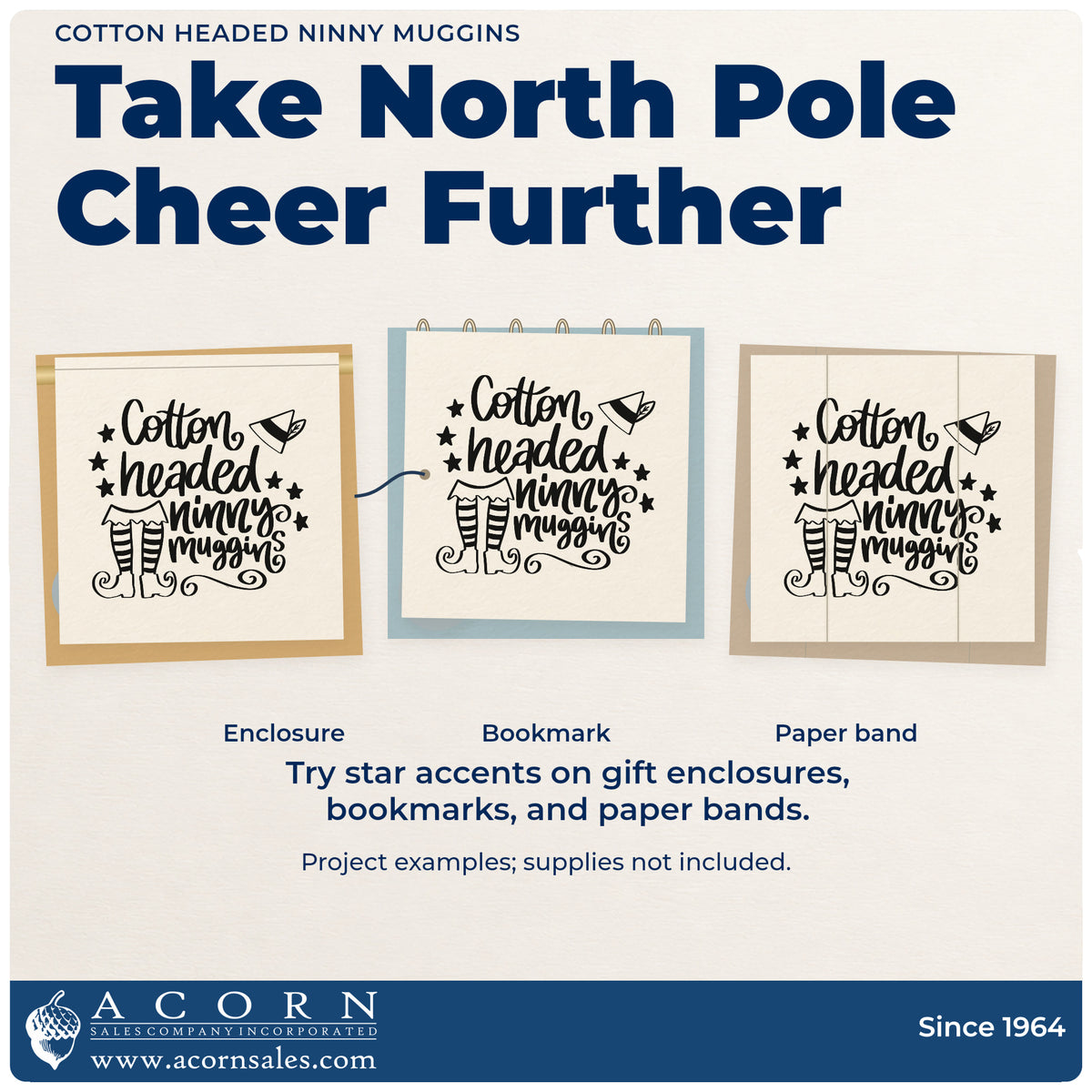 Three project examples made with the Cotton Headed Ninny Muggins Premium Wooden Stamp – Vintage Pro, including popcorn tub labels.