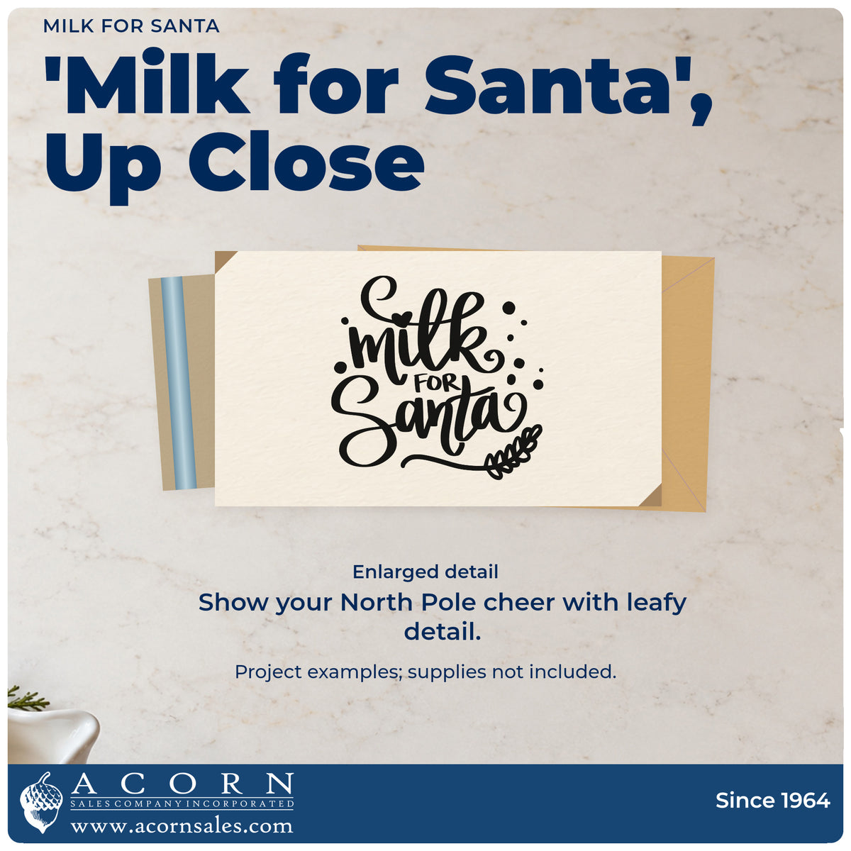 Enlarged detail of the Milk For Santa Botanical Sprig Hand Stamp – Duo imprint. “Milk for Santa” uses large looping script with dots and a leafy sprig.