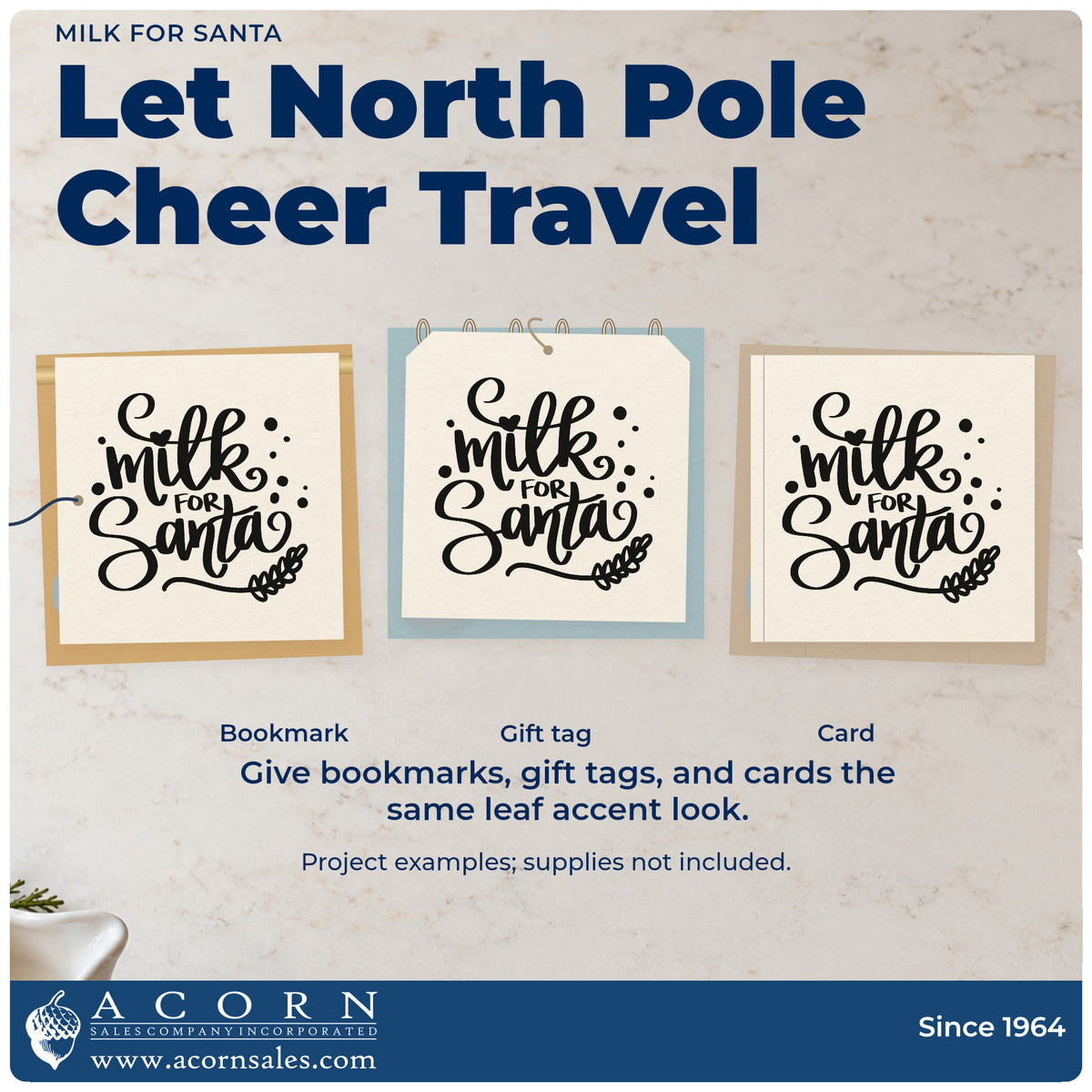 Three project examples made with the Milk For Santa Botanical Sprig Rubber Stamp – Wood Handle, including glass base labels.