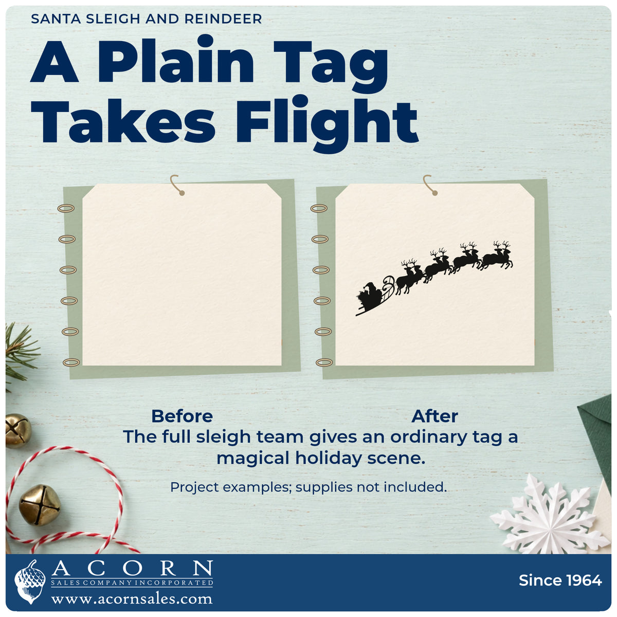 Before and after of a plain item finished with the Reindeer And Santa Sleigh Scene Self-Inking Stamp, a quick upgrade for delivery bag seals.