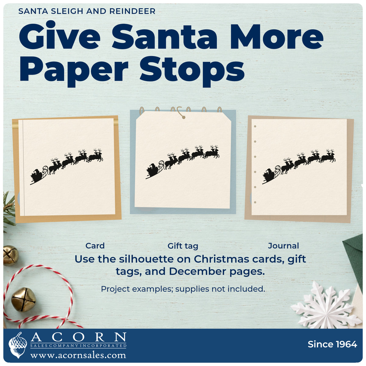 Three project examples made with the Reindeer And Santa Sleigh Scene Self-Inking Stamp, including gift sack labels.