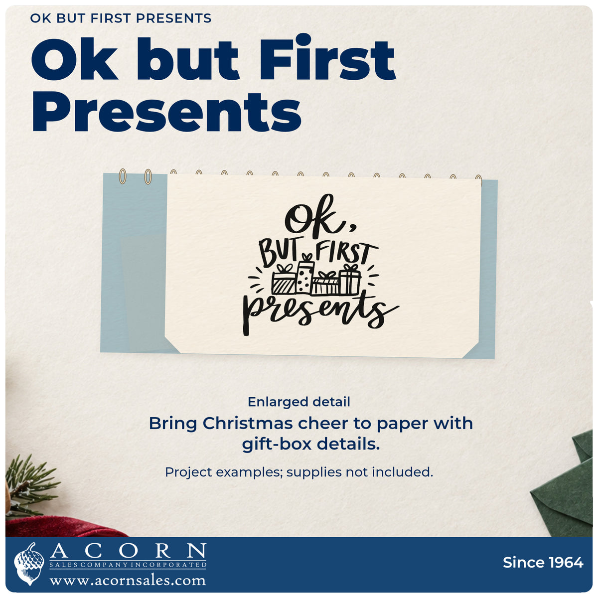 Enlarged detail of the OK But First Presents Rubber Stamp – Duo Hand imprint. “Ok But First Presents” features a row of wrapped gifts and radiating strokes.