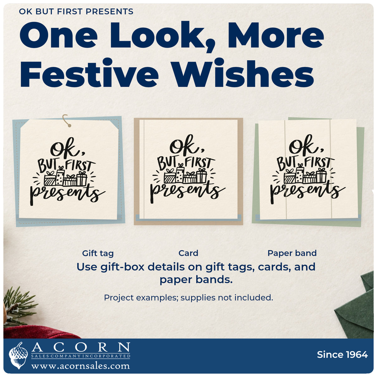 Three project examples made with the OK But First Presents Rubber Stamp – Duo Hand, including gift pile labels.