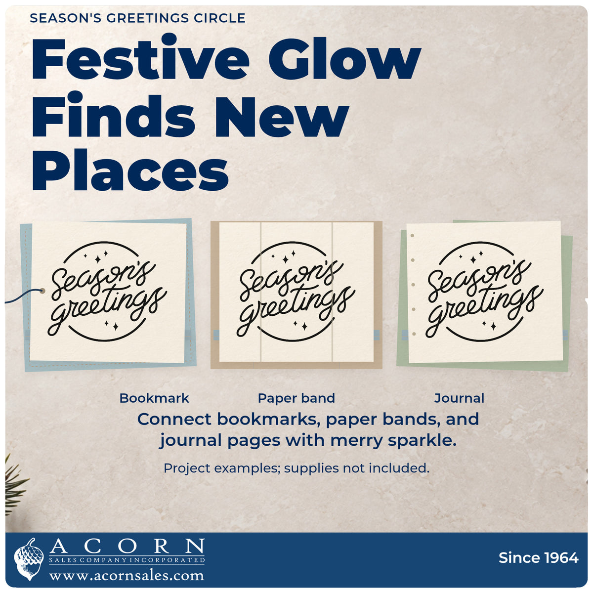 Three project examples made with the Season's Greetings Self-Inking Stamp, including corporate box labels.