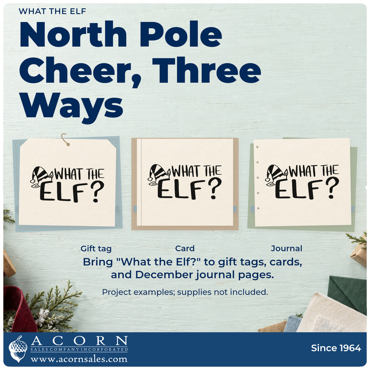 Three project examples made with the What The Elf Rubber Stamp – Wood Handle, including sweet jar labels.