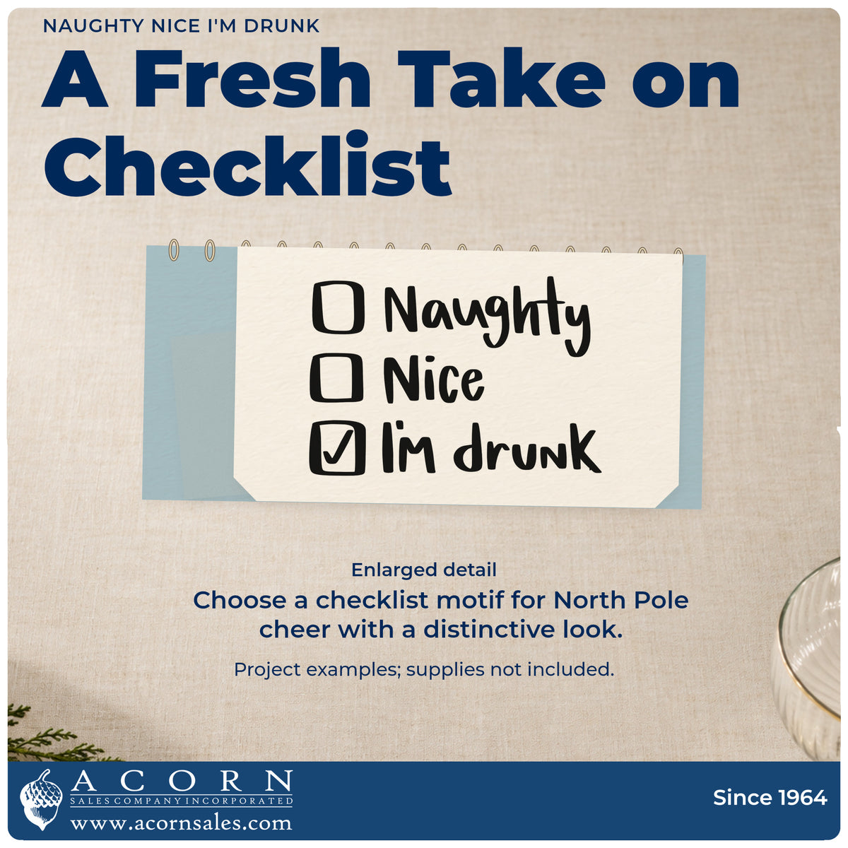 Enlarged detail of the Naughty Nice I'm Drunk PSI Pre-Inked Stamp imprint. A checklist shows “Naughty,” “Nice,” and a checked “I'm Drunk.”
