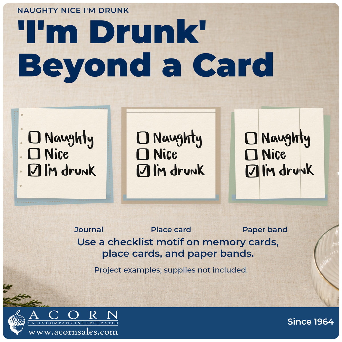 Three project examples made with the Naughty Nice I'm Drunk Rubber Stamp – Duo Hand, including bottle neck labels.