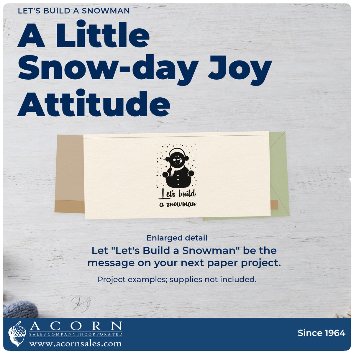 Enlarged detail of the Build A Snowman Winter Lettering Premium Wooden Stamp – Vintage Pro imprint. A dark smiling snowman in earmuffs and scarf appears amid falling snow above “Let's Build a Snowman.”