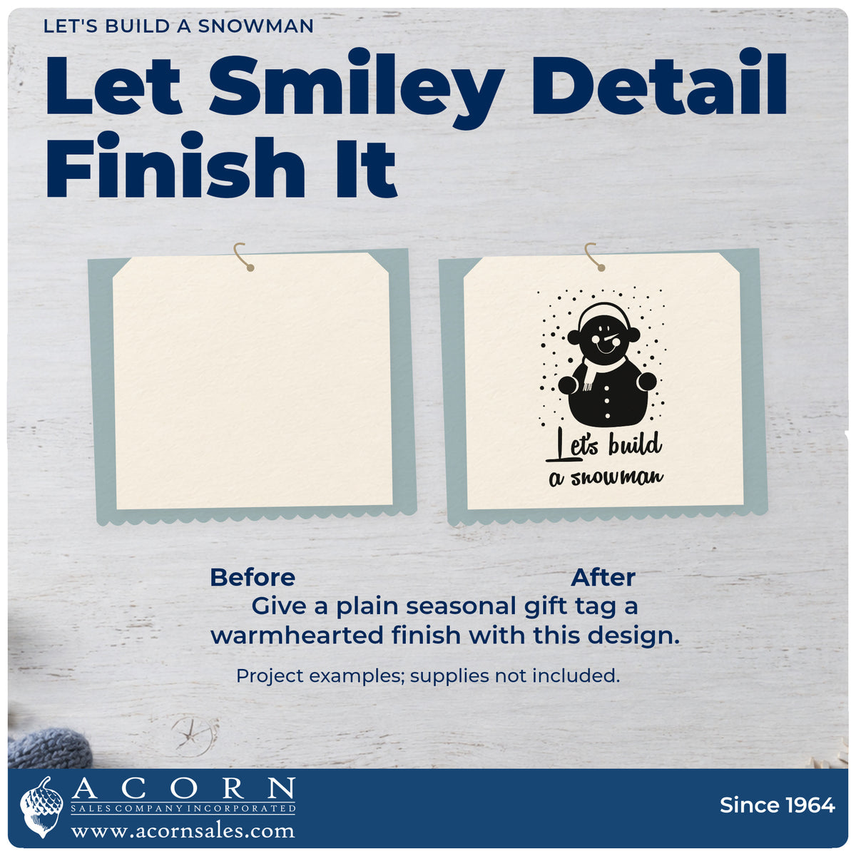 Before and after of a plain item finished with the Build A Snowman Winter Lettering Wood Handle Stamp, a quick upgrade for kit bag seals.