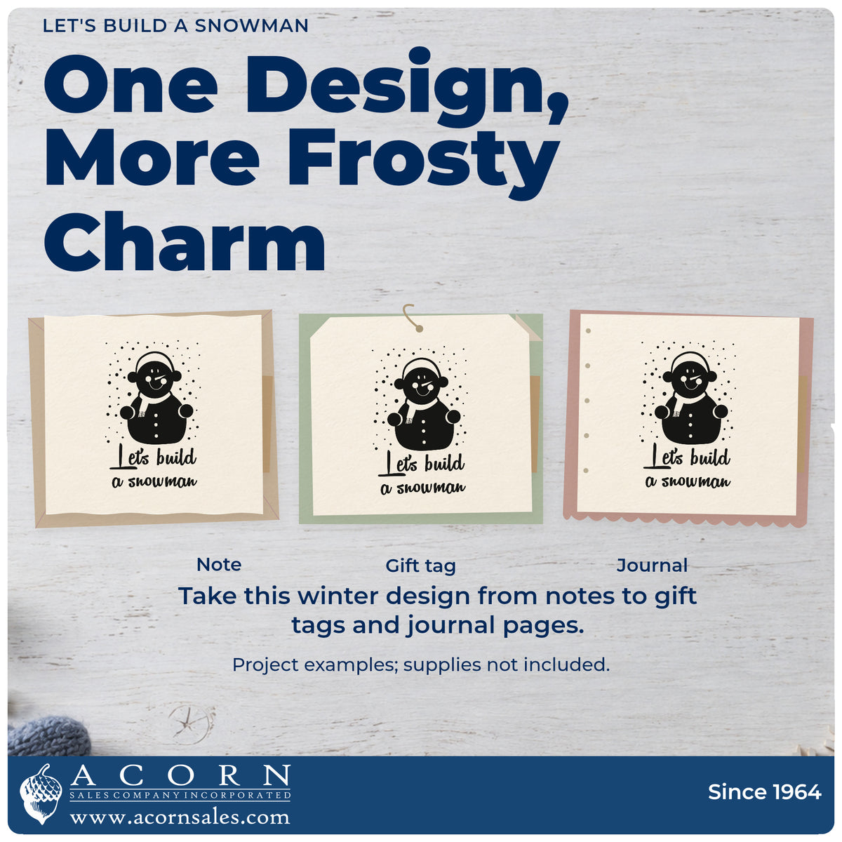 Three project examples made with the Build A Snowman Winter Lettering Premium Wooden Stamp – Vintage Pro, including glove basket labels.