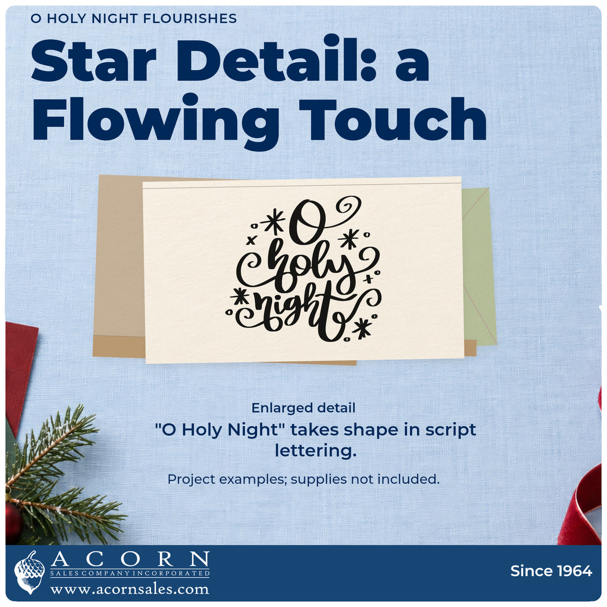 Enlarged detail of the O Holy Night Stamp – Self-Inking imprint. “O Holy Night” uses large looping script surrounded by stars, dots, and curls.