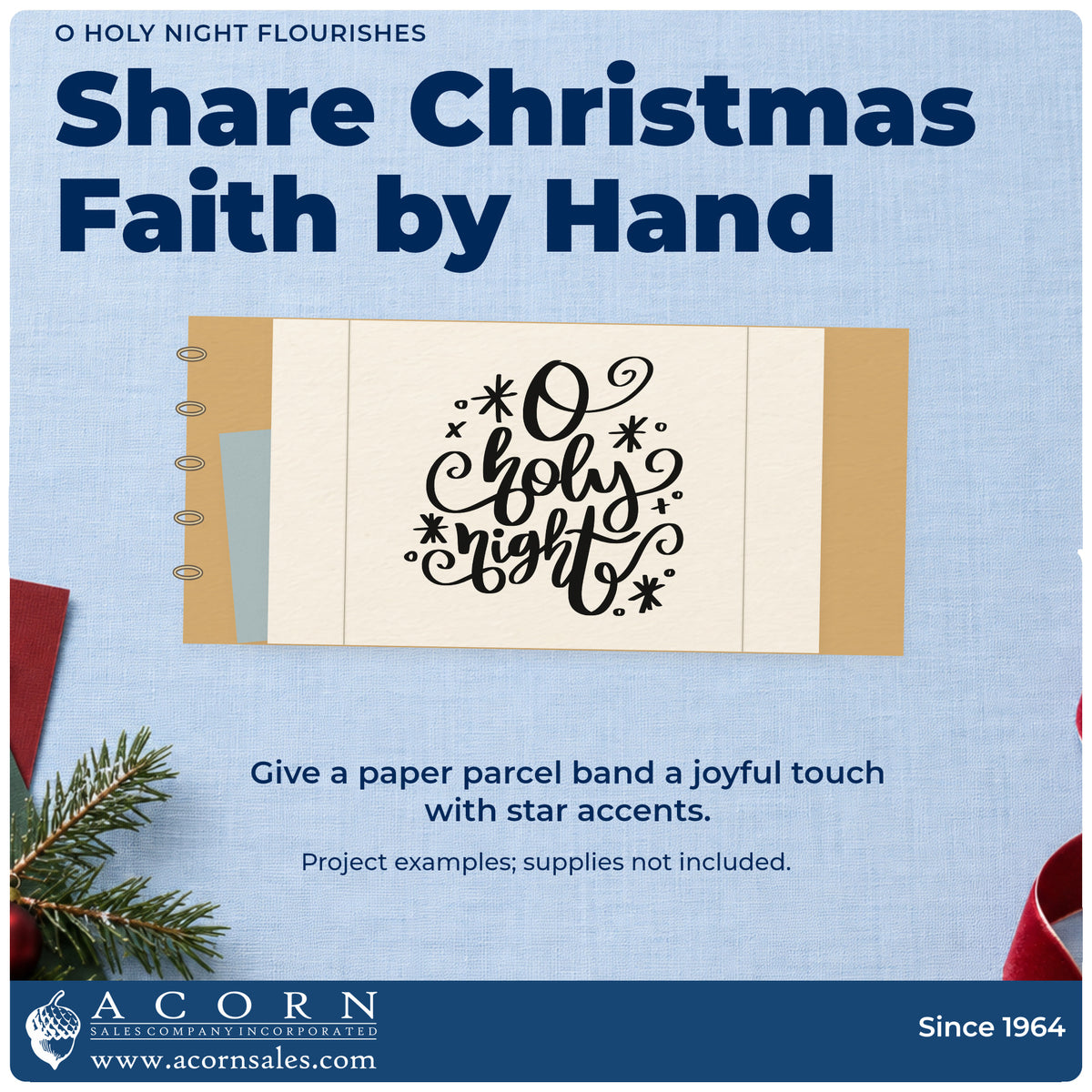 A finished handmade project stamped with the O Holy Night Rubber Stamp – Wood Handle, ideal for choir folder tags.