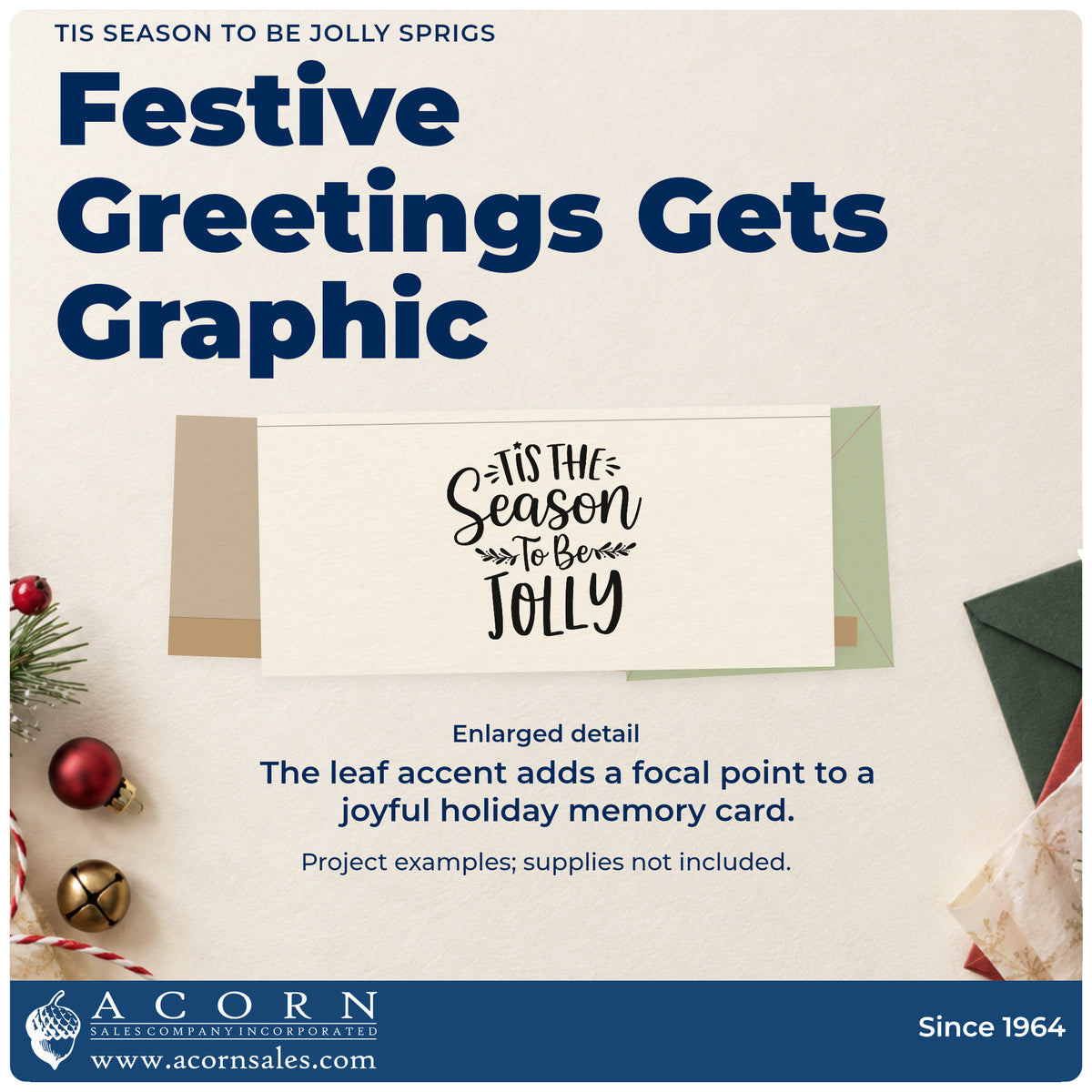 Enlarged detail of the Tis Season To Be Jolly Sprigs Wood Handle Stamp imprint. “Tis the Season to Be Jolly” includes leafy sprigs and decorative rays.
