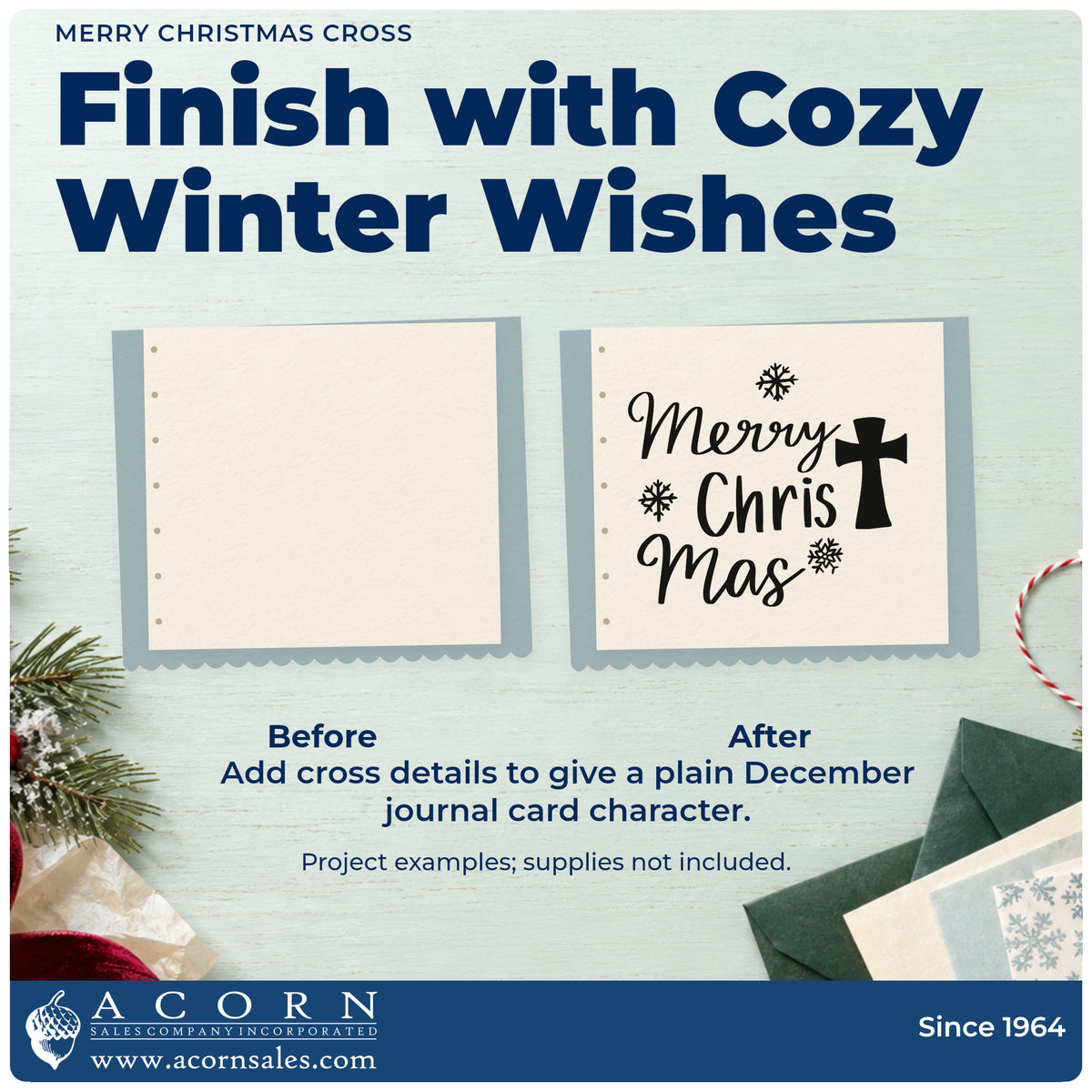 Before and after of a plain item finished with the Merry Christmas Pre-Inked Stamp – Slim, a quick upgrade for framed narthex art.