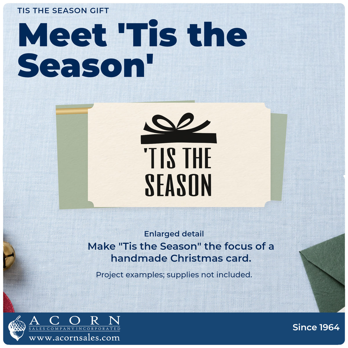 Enlarged detail of the Tis The Season Gift Bow Accent Stamp – Premium Vintage Pro Wooden imprint. A wrapped-gift bow sits above tall “Tis the Season” lettering.