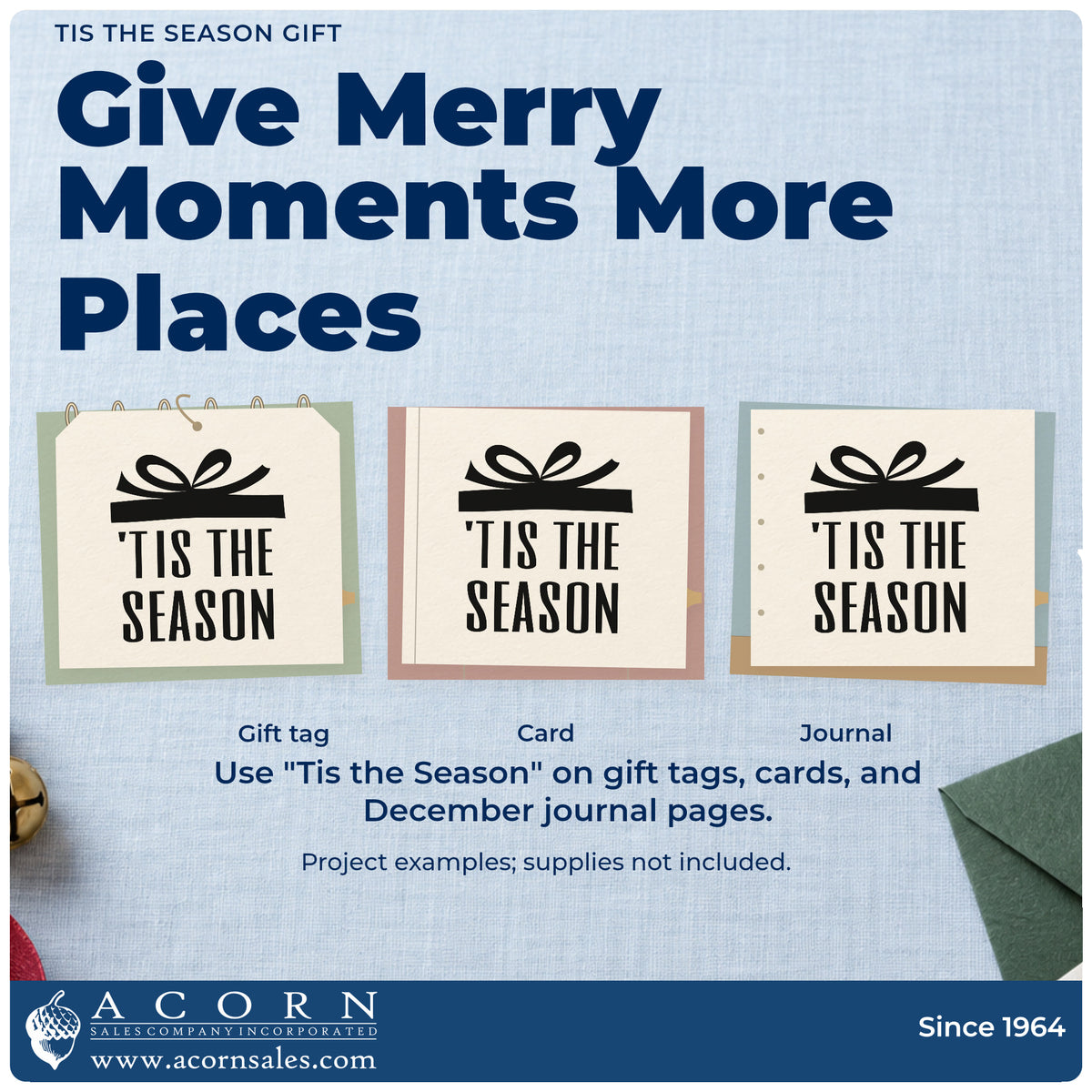 Three project examples made with the Tis The Season Gift Bow Accent Stamp – Premium Vintage Pro Wooden, including holiday guest books.