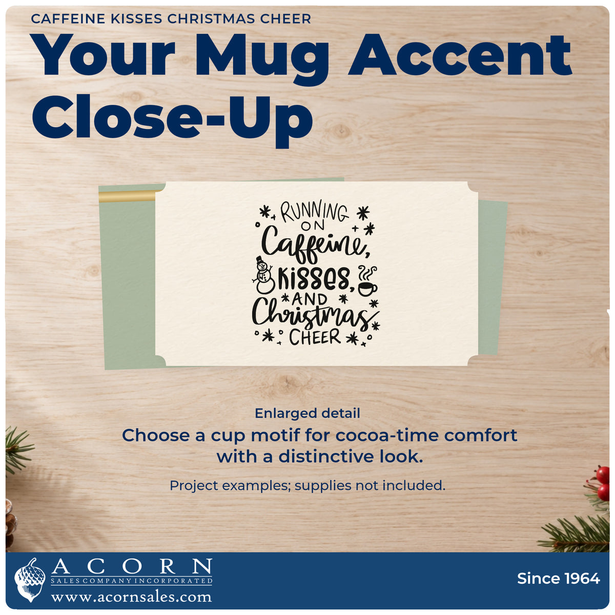 Enlarged detail of the Caffeine Kisses Christmas Cheer Hand Stamp – Duo imprint. “Running on Caffeine, Kisses and Christmas Cheer” is surrounded by a snowman, coffee cup, hearts, and stars.