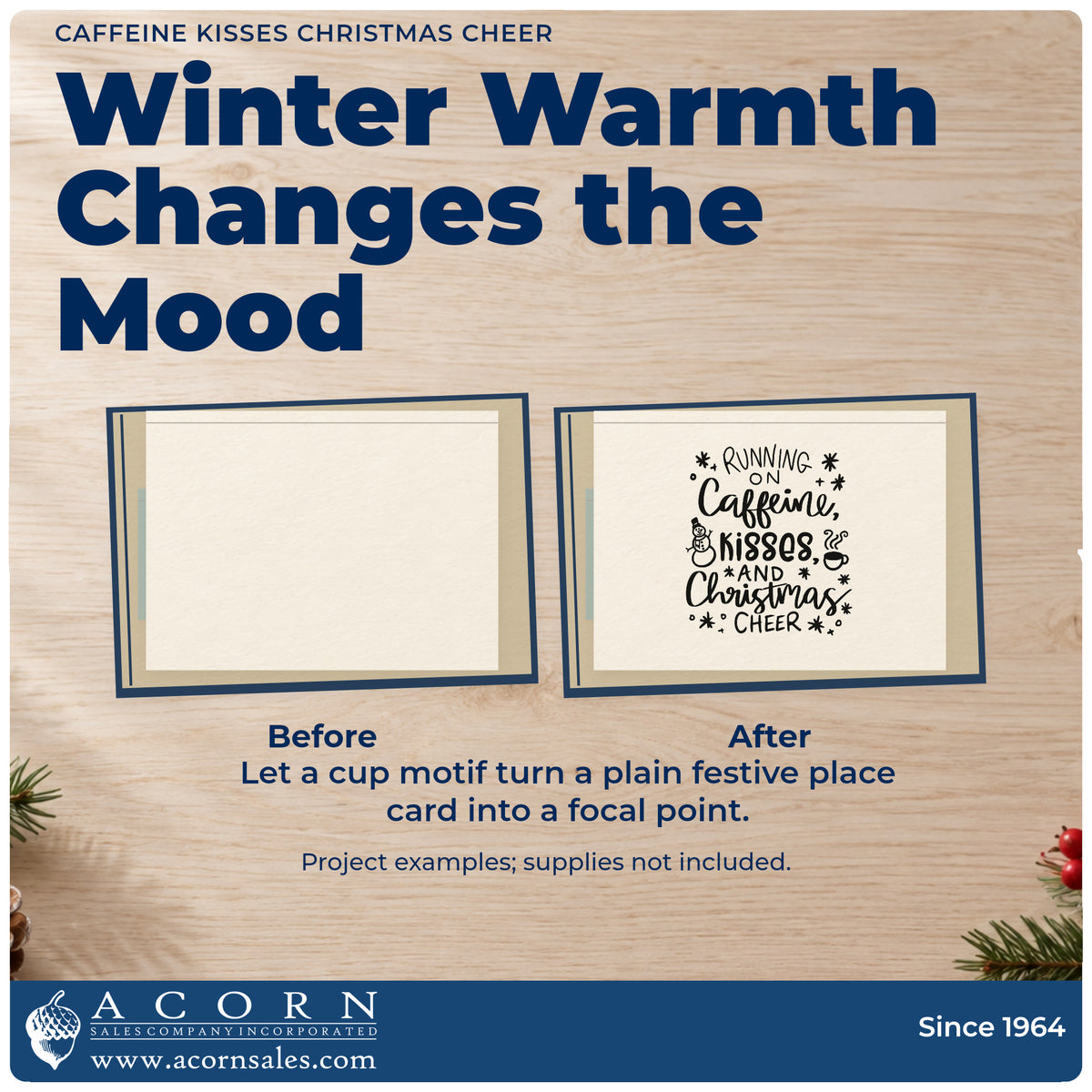 Before and after of a plain item finished with the Caffeine Kisses Christmas Cheer Self-Inking Stamp, a quick upgrade for framed coffee nook.