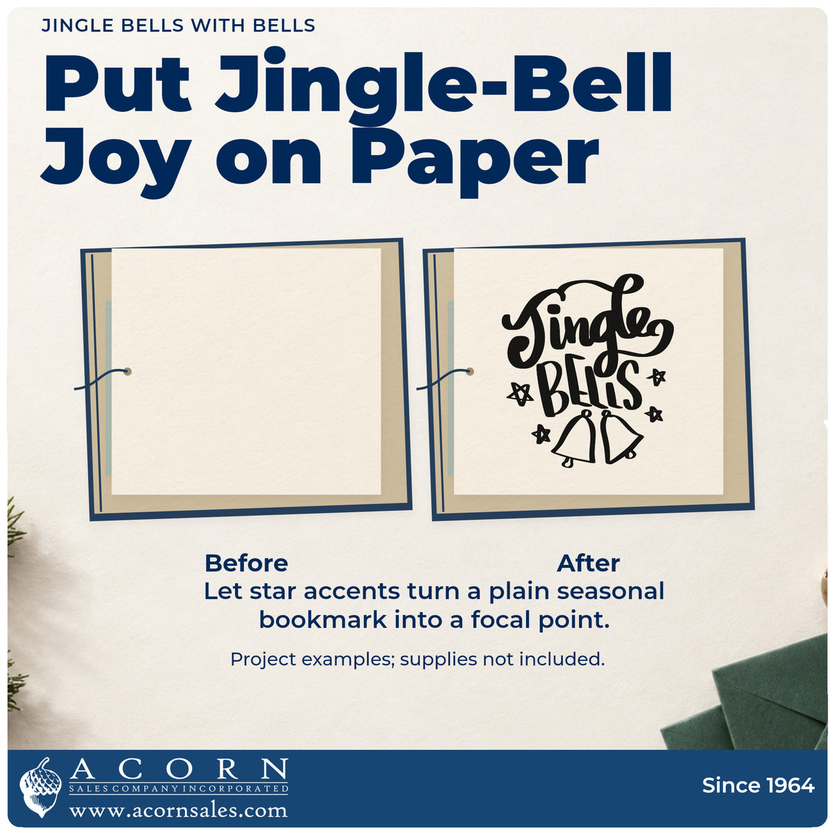 Before and after of a plain item finished with the Jingle Bells With Bells Premium Wooden Stamp – Vintage Pro, a quick upgrade for framed studio wall.